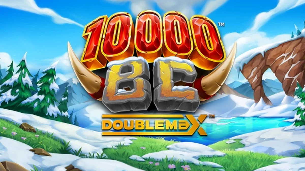 Cenário de montanhas nevadas e símbolos pré-históricos no slot 10000 BC DoubleMax