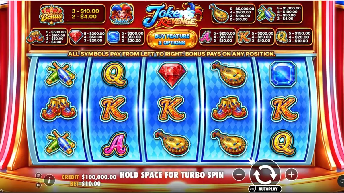 Interface do jogo de slot Joker’s Revenge com elementos de arlequim e cores vibrantes