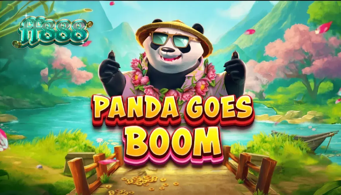 Panda Goes Boom slot machine interface showing the cocktail-sipping panda and bamboo theme